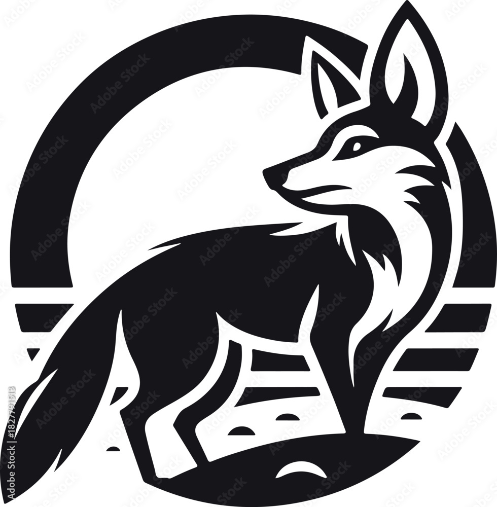 Fototapeta premium Black fox standing sunset circle logo design vector