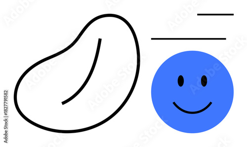 Abstract composition. Abstract design a black organic shape, blue smiling face, and minimal linear elements. Abstract style suits branding, design projects, presentations, and artistic concepts