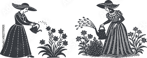 Vintage woman watering flowers gardening illustration vector