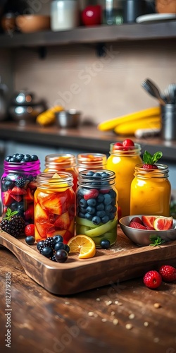 Sweet colorful glass jars filled with fruit toppings and ingredients on a wooden tray in a kitchen setting,  raisins,  fruit