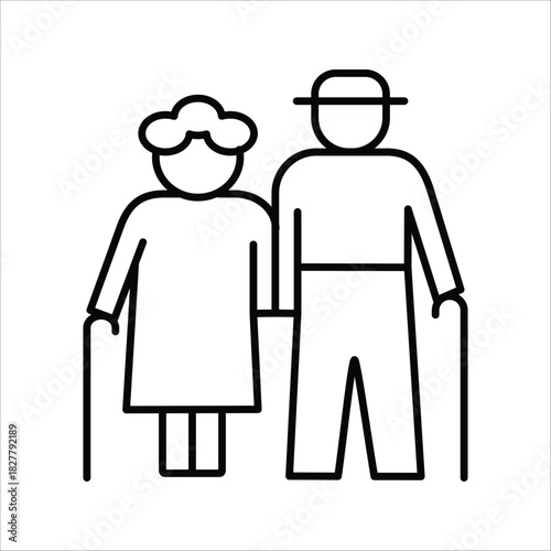 Clean line icon portraying an elderly couple with walking canes, signifying enduring companionship, mutual support, the journey of aging, and the rich wisdom of life