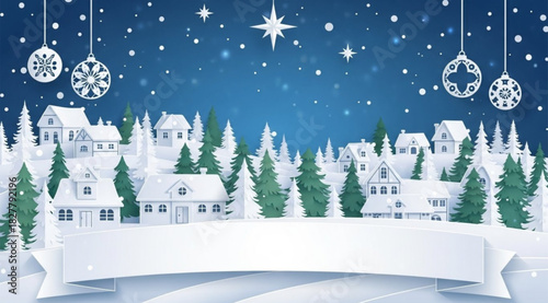 Christmas holiday village landscape background in paper cut style with snowy houses, pine trees, forest, decoration, star, ornament, hanging ball, snowfall, winter night, and greeting card banner