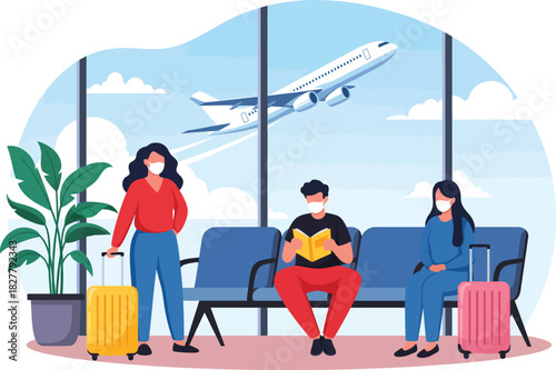 People wearing face masks wait at airport gate with airplane taking off in background