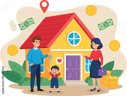 Happy family standing in front of their new dream home with money and keys symbolizing homeownership