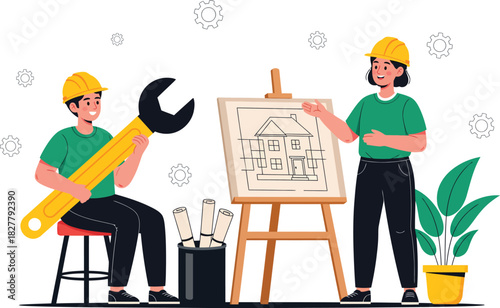 Two construction workers collaborating on a blueprint or plan displayed on an easel with tools