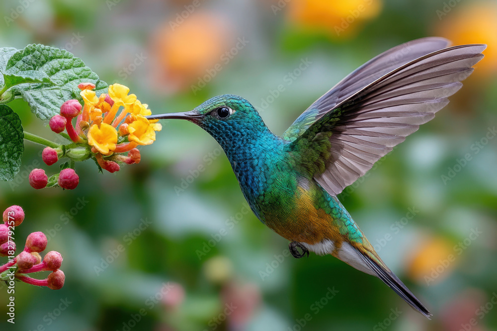 Fototapeta premium Colorful hummingbird feeding on vibrant flowers in a tropical garden