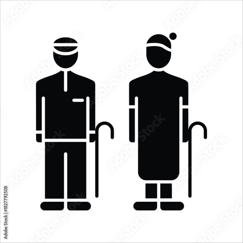 Black silhouette icon of an elderly couple, a senior man and woman, standing with walking canes, symbolizing the dignified journey of aging, companionship, and mature health