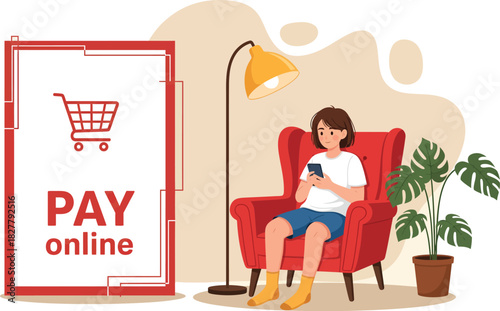 Young person sitting comfortably in a plush armchair using a smartphone to pay online with a shopping cart icon