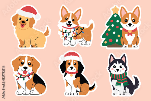 Cute collection of christmas dog stickers with various breeds wearing santa hats, perfect for festive projects