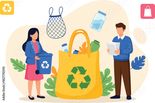 Diverse people sorting and collecting recyclable materials into a large yellow reusable shopping bag for environmental protection