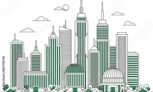 Stylized green cityscape illustration with modern skyscrapers and clouds against a white background