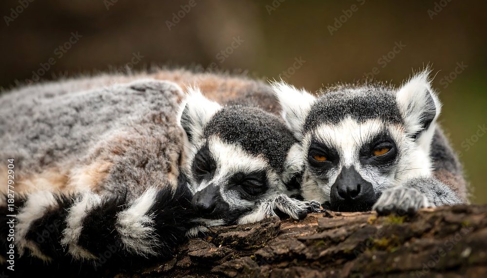 Fototapeta premium Two ring-tailed lemurs rest side-by-side on a branch, one with eyes open, set against a soft, blurred background