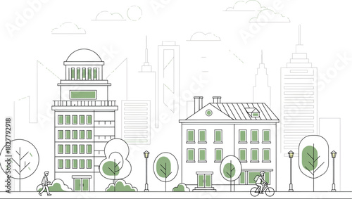 Architectural sketch of european city buildings with trees and a tower in a clean line drawing style