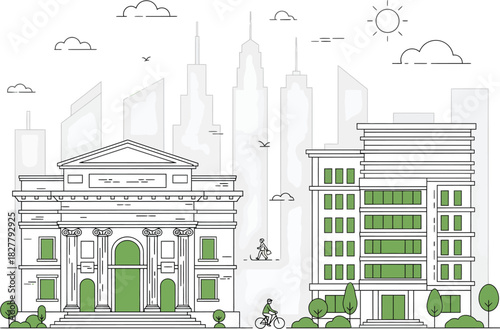 Architectural illustration of a neoclassical building and a modern apartment complex in a city skyline