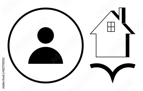 User representation, house with chimney, open book ideal for education, housing, community, reading, online platforms, guidance, learning simple flat metaphor