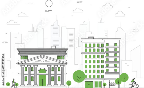 Architectural sketch of a classical building with columns next to a modern apartment building with trees