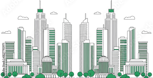 Symmetrical modern city skyline with tall buildings and lush green trees in a minimalist line art style