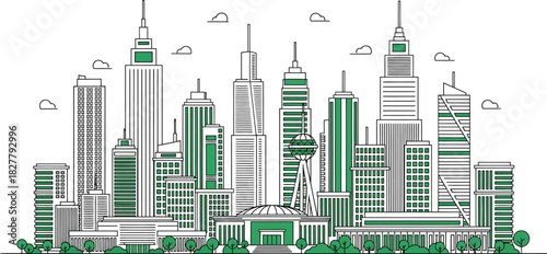 Modern cityscape silhouette with tall skyscrapers and greenery in a stylized artistic illustration