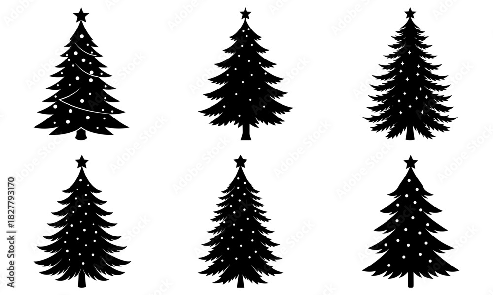 Obraz premium Festive Christmas Trees Silhouettes Collection: Embrace the Holiday Spirit with these Elegant Black and White Designs for Cards, Decorations, and More