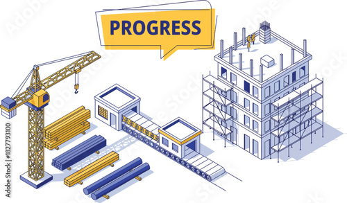 Construction site with cranes building in progress and a sign indicating progress and development