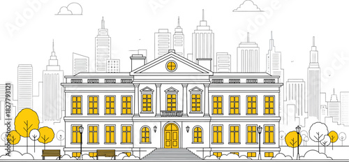 Elegant classical building facade with modern city skyline in the background under a bright sky