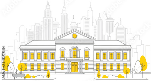 Architectural sketch of a grand historical building with modern skyscrapers in the background under a white sky