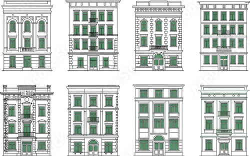 Collection of architectural facades of classic european buildings with detailed windows and balconies