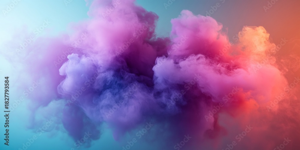Fototapeta premium Colorful smoke cloud on gradient background. Abstract vibrant purple and pink ink swirl for creative design. Dynamic art motion