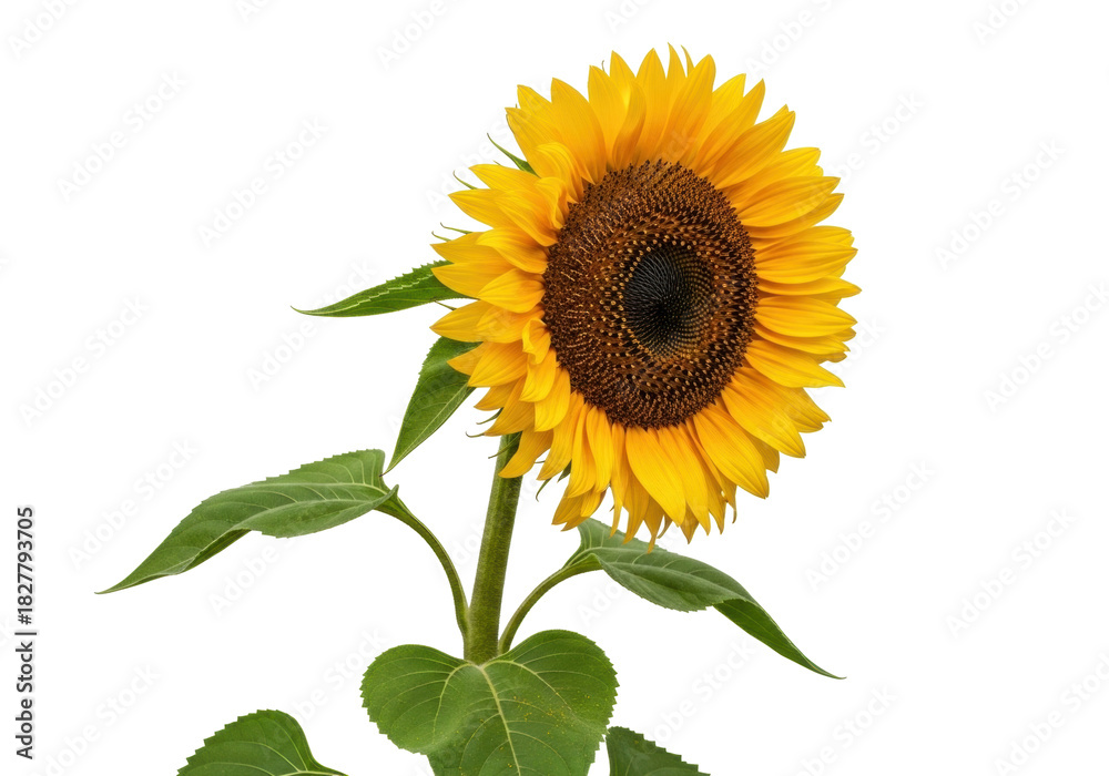 Fototapeta premium Isolated sunflower in full bloom with green leaves, ready for design compositing
