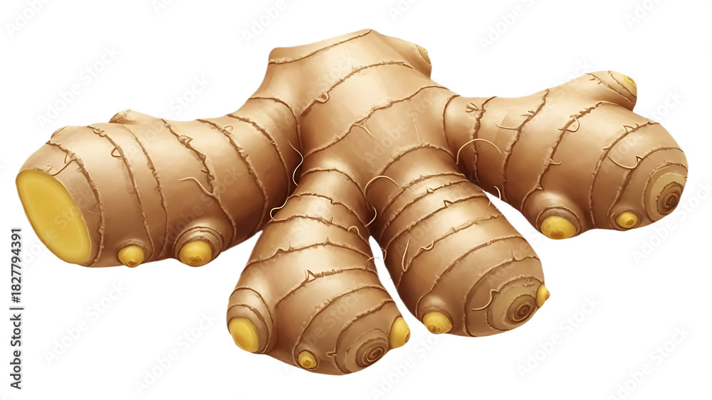 Obraz premium A close up of a whole ginger root with multiple segments on a black isolated background view from above