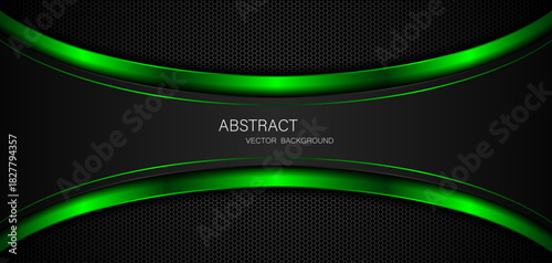Abstract black and green curves on dark steel mesh background with free space for design. modern technology innovation concept background	