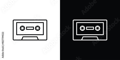 Cassette tape icons set with editable black and white stroke line style for ui designs