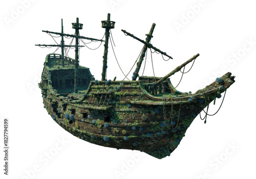 Schilderij op canvas Isolated mossy old shipwreck, decaying wood, weathered, ship's rigging, detail,