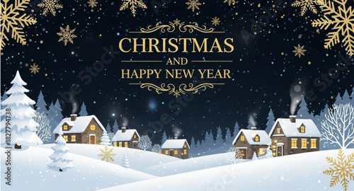 Christmas and Happy New Year greeting banner vector artwork with winter village gold snowflakes and dark night background â€” charming design for holiday cards and seasonal ads