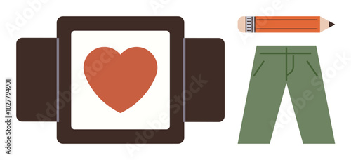 Red heart in a dark frame, orange pencil with eraser, and green pants highlighting creativity, love, design, fashion, art projects, crafting and education. Ideal for simple flat metaphor