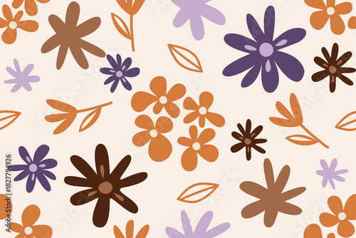 Retro Floral Seamless Pattern in Warm Earth Tones. creating a cheerful and nostalgic aesthetic. Perfect for textiles, packaging, wallpapers, stationery, gift wrap, digital backgrounds