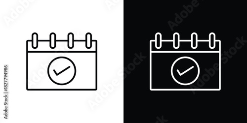 Check in calendar icons set with editable black and white stroke line style for ui designs