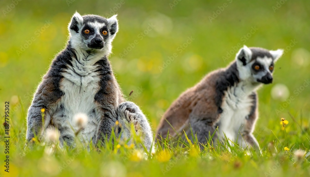 Obraz premium Two ring-tailed lemurs sit in a sunlit grassy field, one alert and upright, the other more relaxed