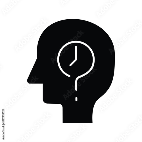 Intriguing illustration of a human head pondering the concept of time, marked by a clock and a question mark symbol, representing reflection on temporal dilemmas and uncertainty
