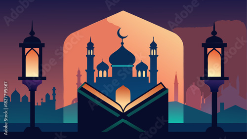 Illustration of a mosque silhouette with an open book and lanterns at dusk with city skyline
