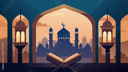 Illustration of a mosque silhouette and open book with lanterns in an arched frame at sunset scene