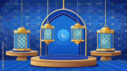 Illustration of a blue and gold ramadan stage with lanterns and a crescent moon backdrop design scene
