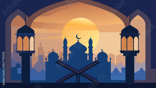 Silhouette of a mosque and open quran with lanterns against a sunset cityscape background view scene