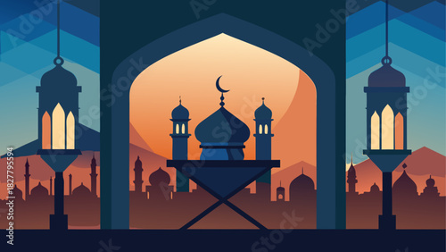 Illustration of a mosque with crescent moon and lanterns at dusk in an arched doorway setting