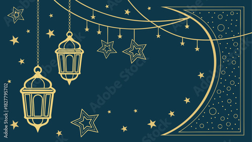 Elegant islamic design featuring hanging lanterns stars and crescent moon on a dark blue background
