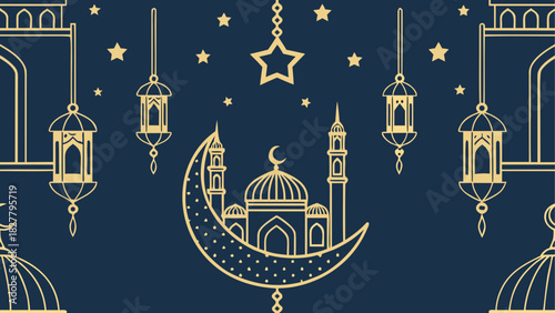 Golden mosque silhouette on crescent moon with hanging lanterns and stars on a dark blue background