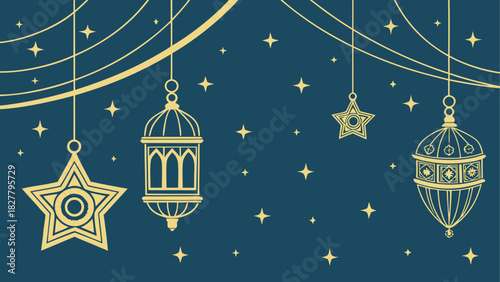 Golden lanterns and stars hanging against a dark blue background create a festive atmosphere of celebration