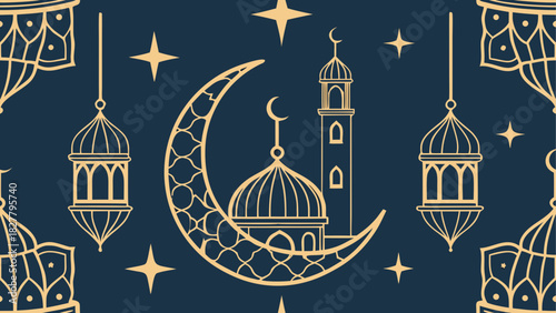 Elegant ramadan themed vector illustration with crescent moon mosque lanterns and stars design on blue