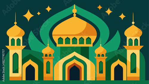 Illustration of a golden mosque with minarets and stars against a green background design style