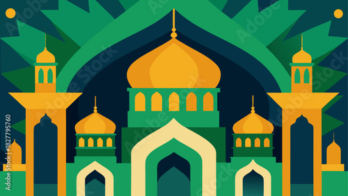 Illustration of a mosque with golden domes and green accents against a patterned background